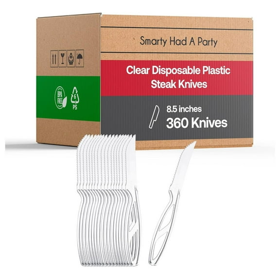 8.5 Inch Heavy-Duty Clear Disposable Steak Knives - 360 Pack of Sturdy Plastic Cutlery with Serrated Edge, Strong and Durable Bulk Knives for Restaurants, Catering and Quick-Serve Convenience