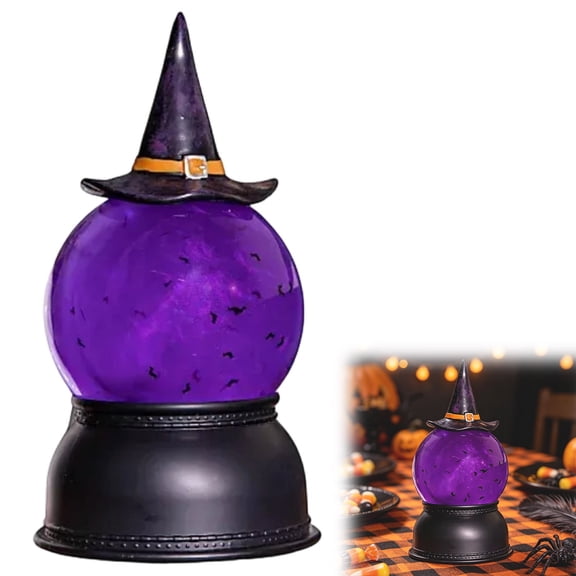 8.5 Inch LED Witch Hat Water Halloween Decor Liquid Motion Glitter Purple Light Tabletop Snow Ornament For Home Party Gift