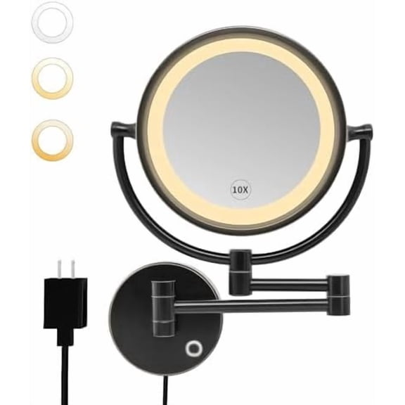 8.5 Inch Magnifying Makeup Mirror with 3 Dimmable LED Lights Double Sided  Control  Mirror for Bathroom with 10X Magnification Black Finish M1809D(Black/10X)