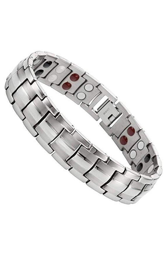 8.5" Inch Mens Titanium Steel Grooved Silver Tone Magnetic Bracelet and Fancy Box.