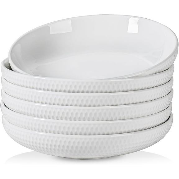 8.5-Inch Pasta Bowls Set of 6-34 oz Large Wide Shallow Salad Bowls, Porcelain Deep Plates for Dinner, Blate Plates for Spaghetti & Soup, Microwave Safe, White