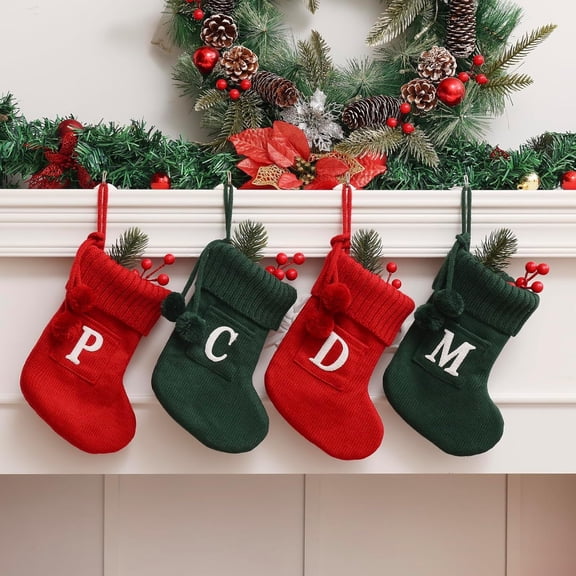 8.5 Inches Embroidered Letter Christmas Stocking Knitted Initials Red Small Christmas Stockings for Family Holiday Decorations and Xmas Tree Fireplace