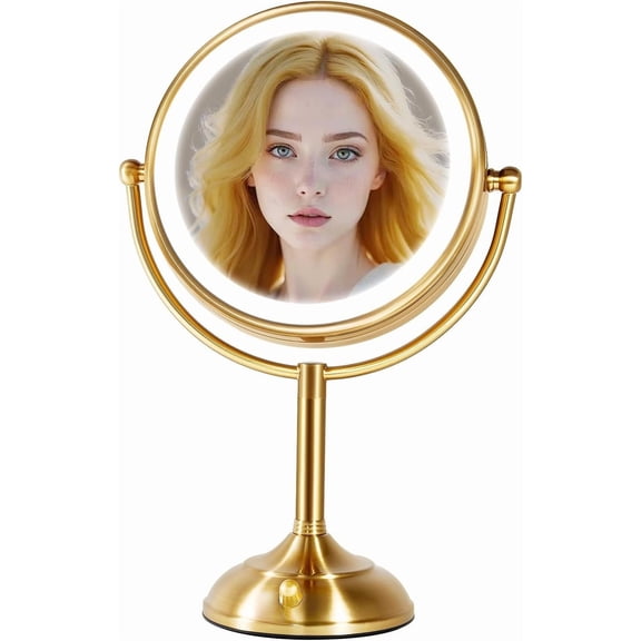 8.5'' Large Lighted Mirror, 1X/10X Clear Seamless Magnifying Mirror, Bright Vanity Mirror with 3 Colors Dimmable Lights, Two-Sided 360?Rotation Base, Luxury Nickel, Box