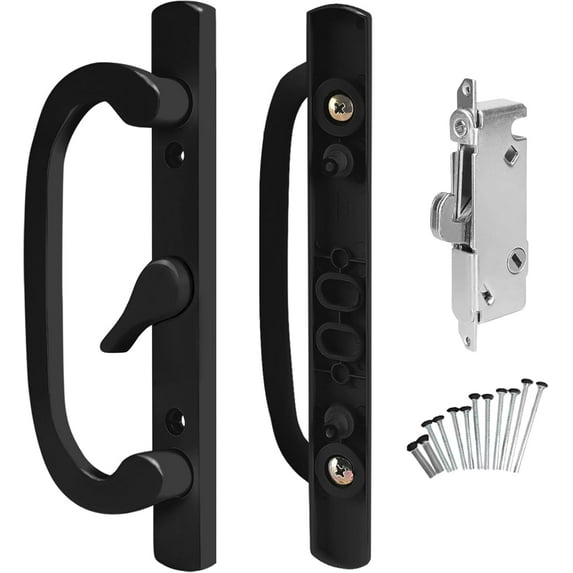 8.5" Legacy Sliding Patio Glass Door Center Black Handle Set - Sash Controls 2265 + Mortise Lock 45°- Non-keyed Door Handles, Fits 3-15/16” Screw Hole Spacing and 1-1/4" to 2-1/4" Thick Doors