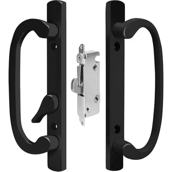 8.5" Legacy Sliding Patio Glass Door Offset Black Handle Set - Sash Controls 2265 WITH Mortise Lock 45° for Handle Replacement Fits 3-15/16” Screw Hole Spacing and 1-1/4" to 2-1/4" Door Thickness