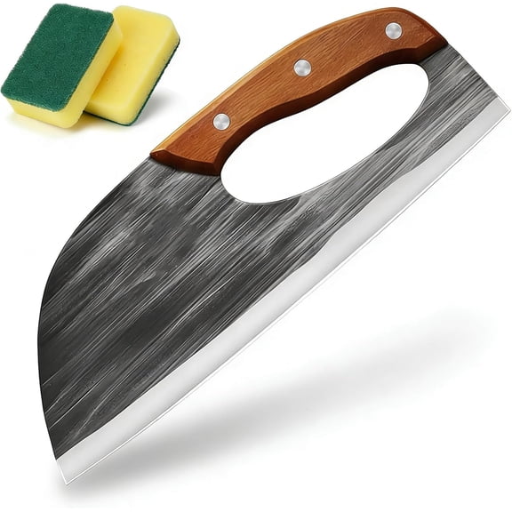 8.5" Meat Cleaver - Labor-Saving Stainless Steel Kitchen Knife with Ergonomic Finger Hole - Professional Hand Forged Chef Knife for Slicing Meat, Vegetable & Poultry, Camping & BBQ (1)
