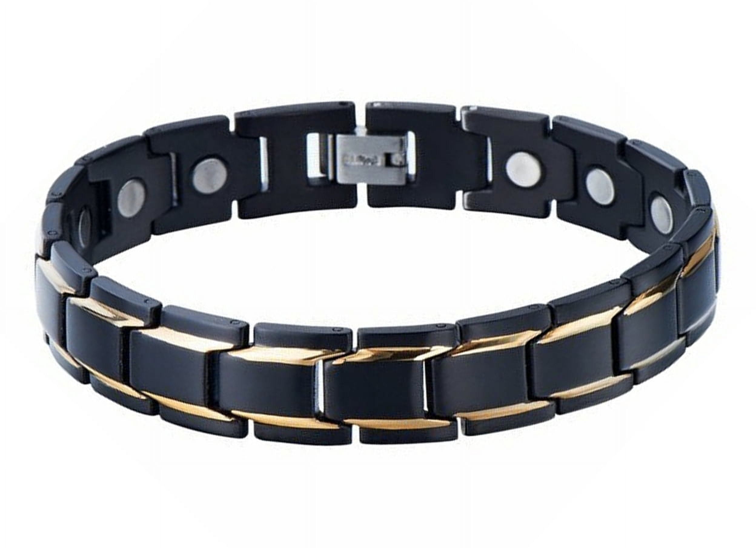 Men's 8.5" Stainless Steel Braided Leather Magnetic Bracelet - Gold Plated, Gift Box