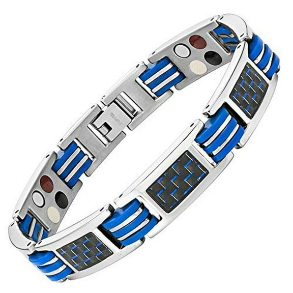8.5" Mens Magnetic Steel Bracelet Silver Blue Links Black Carbon Fiber and Fancy Box.