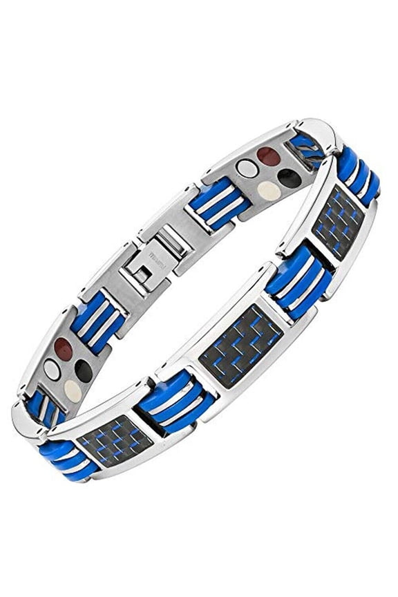 8.5" Mens Magnetic Steel Bracelet Silver Blue Links Black Carbon Fiber and Fancy Box.