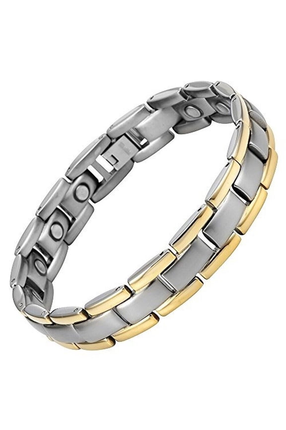 8.5" Mens Magnetic Titanium Bracelet - Silver & Gold Brick Pattern and Fancy Box.