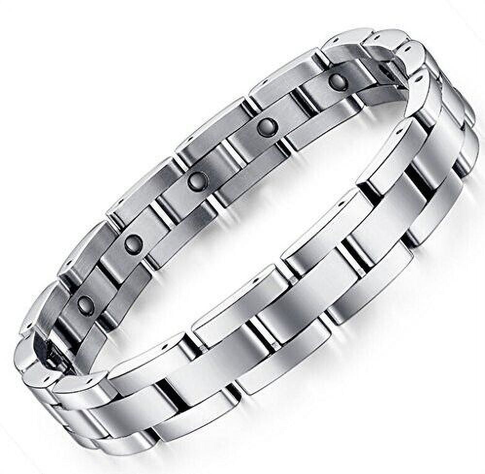 8.5" Mens Titanium Steel Brick Pattern Silver Magnetic Bracelet and Fancy Box.