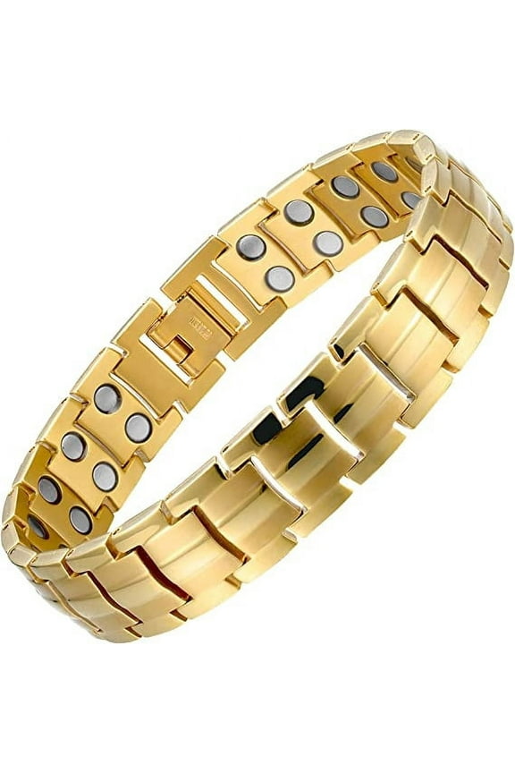 8.5" Mens Titanium Steel Grooved Yellow Gold Tone Magnetic Bracelet includes Fancy Box