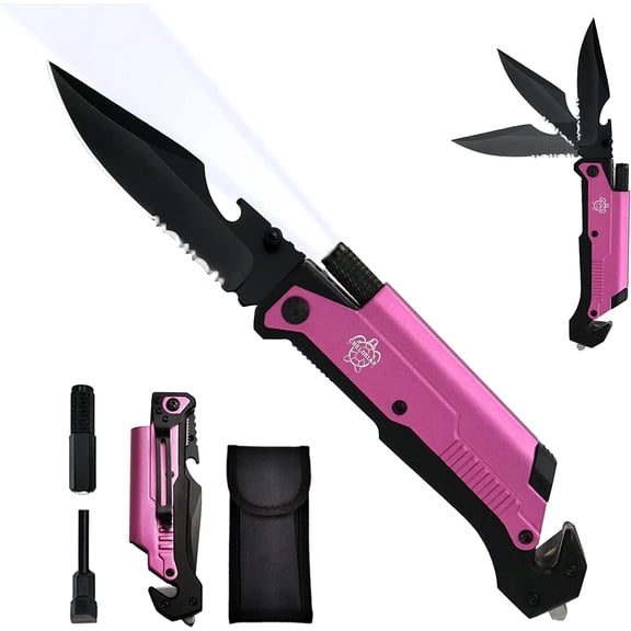 8.5" Military Outdoor EDC Camping Pocket Knife, 7 in 1 Multi-Fution Folding Knives with Fire Starter LED Light Seatbelt Cutter Glass Breaker Bottle Opener Tactical Blade (Pink)