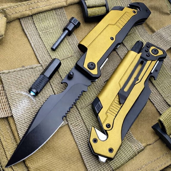 8.5" Multi-Function Folding Knife, 7-in-1 Pocket Knife With Fire Starter, LED Light, Glass Breaker, Serrated Blade Black