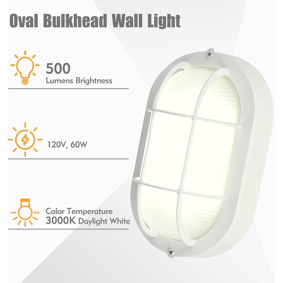 8.5" Outdoor Wall Lights, Oval Bulkhead Wall Light Fixture 2 Pack, Outdoor Bulkhead Sconce Flush Mount for Wall/Ceiling, Sauna & Exterior Lighting, White Aluminum & Glass, E26 Base, 60W 3000K$$