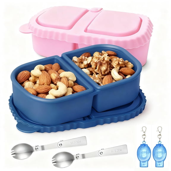 8.5 Oz Silicone Snack Containers With Lids, 2 Sets Double Compartment Reusable Snack Box With Lids For Sauce For Travel, Office, Gym & Meal Prep(Dark Blue + Pink)