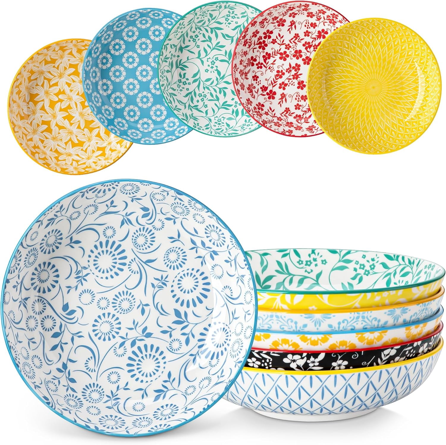 8.5" Pasta Bowls Set of 6, 40 oz Porcelain Shallow Salad Bowls, Serving ...