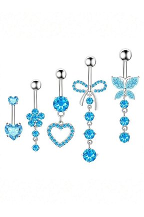 8# 5-Piece Silvertone Belly Button Rings Set With Sky Blue Crystal