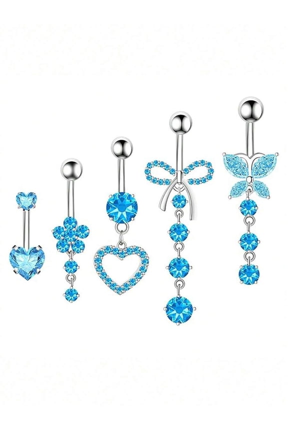 8# 5-Piece Silvertone Belly Button Rings Set With Sky Blue Crystal