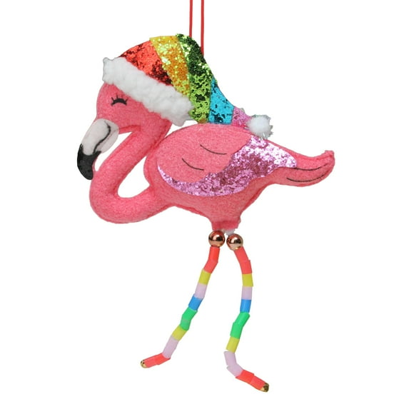 8.5" Pink and Red Plush Flamingo with Hat Christmas Ornament