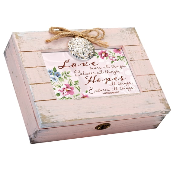 Cottage Garden - Love Bears Hopes Endures Blush Pink Wood Locket Music Box Plays How Great Thou Art