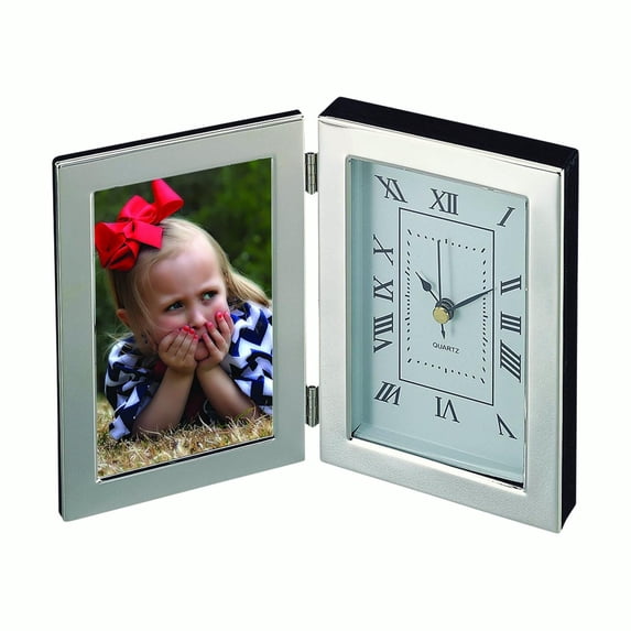 8.5" Silhouette Silver Hinged Clock and Photo Frame