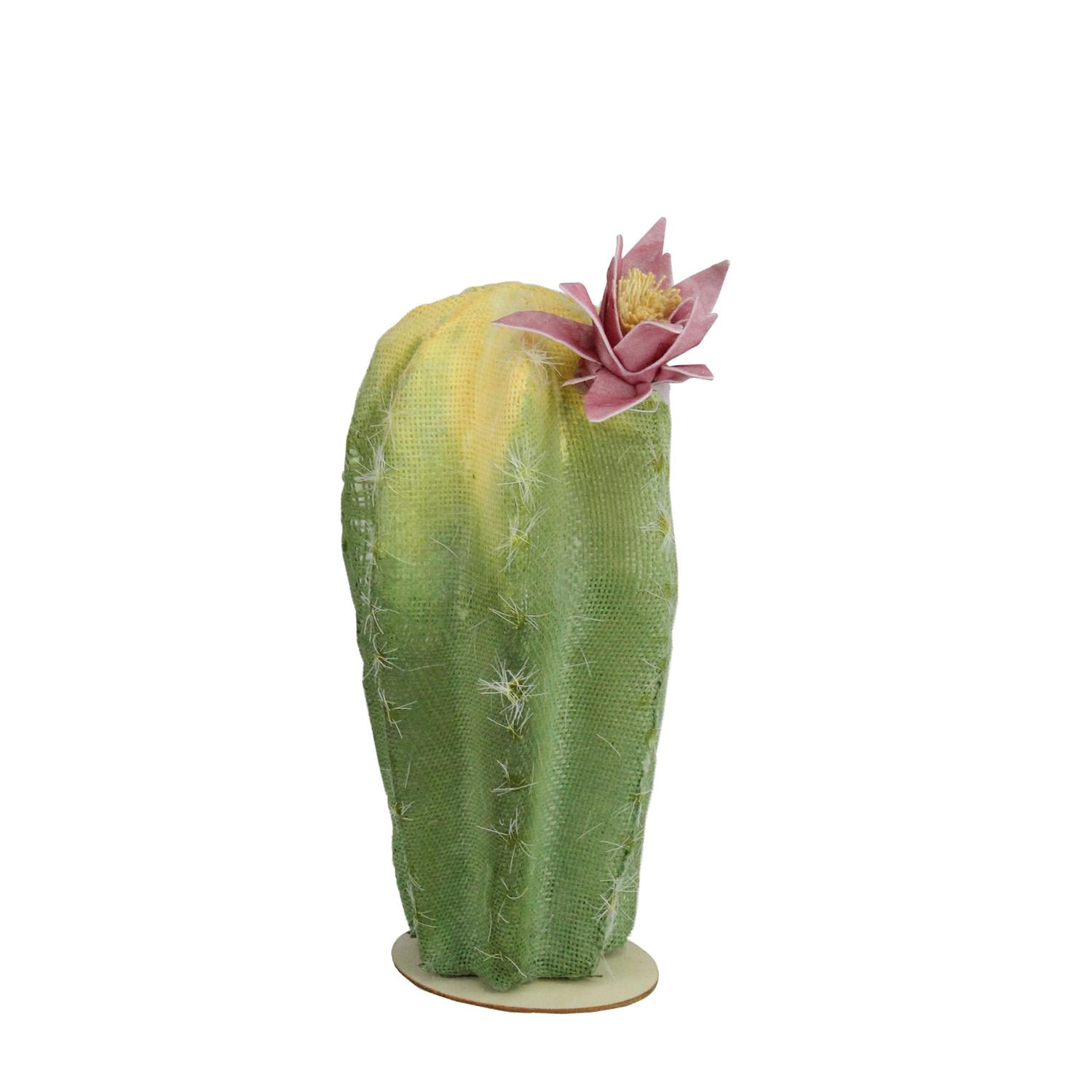 8.5" Southwestern Style Green and Yellow Cactus on Wooden Base with Pink Flower