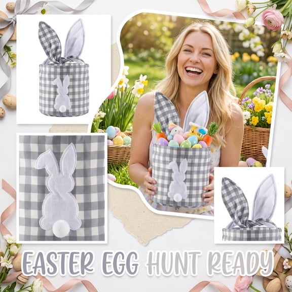 8.5" Woven Easter Bunny Basket With 3D Bunny Ears, Cute Rabbit Design & Spacious Interior For Easter Egg Hunt, Candy Storage, Spring Party Favors For Family, S & Kids