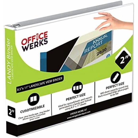 8.5" X 11" Landscape View Binder, 3-Ring 2 Inch Capacity Round Ring, White Horizontal Formatted with Clear Cover Pockets for Documents, Spreadsheets, Projects and More