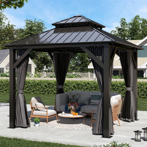 8.5 X 8.5FT Hardtop Gazebo, Galvanized Steel Double Roof Gazebo with Nettings and Curtain Outdoor Aluminum Frame Vertical Stripes Roof Permanent for Patio, Backyard, Lawns