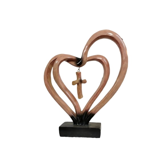 8.5 X 9.5inch Christian Home Decor,Double Heart Table Top Decoration Entwined Heart Cross Decor for Christmas Baptism Wedding,Warm Rustic Resin Statue for Desk Shelf Display