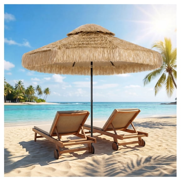 8.5 ft Hula Tiki Umbrella, 2-Tier Outdoor Patio Umbrella, 8 Ribs, UPF30+, Khaki Tropical Style