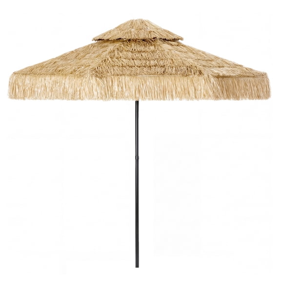 8.5 ft Hula Tiki Umbrella, 2-Tier Outdoor Patio Umbrella, Khaki, UPF30+, 8 Ribs, Hawaiian Style