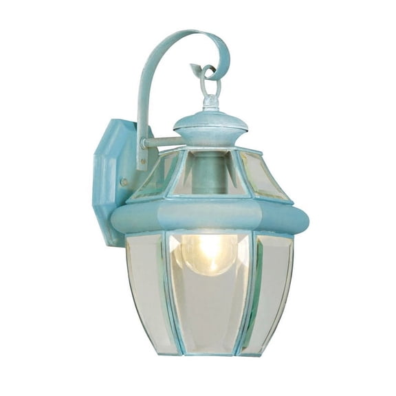8.5 inch 1 Light Verdigris Outdoor Wall Lantern Pendant Lighting Fixture with Clear Beveled Glass Shade backed with Hand Crafted Solid Brass material for patio, front porch, entryway and more