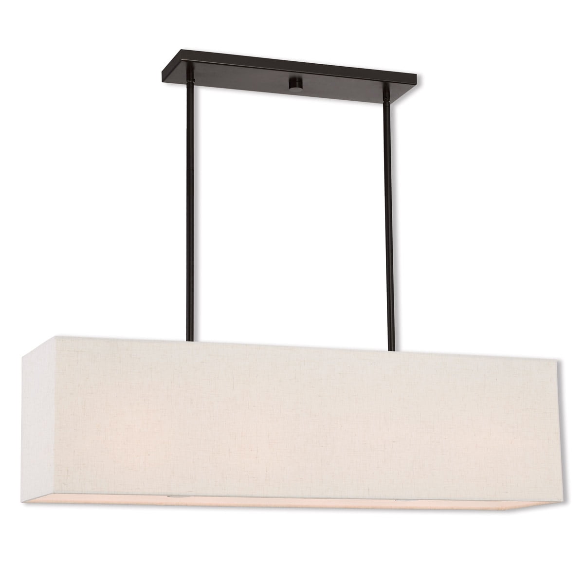 English Bronze Linear Chandelier with Oatmeal Fabric Shade