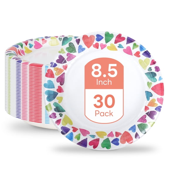 DTFMZOV 8.5 inch Paper Plates Disposable, 30 Pack Compostable Heavy Duty Round Heart Plates for Party, Valentine's Day, Microwaveable Plates for Dinner and Everyday Use