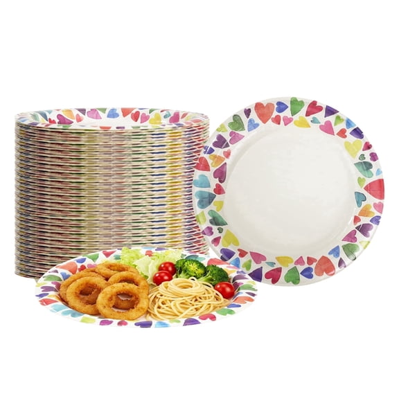 8.5 inch Paper Plates Disposable, 30 Pack Compostable Heavy Duty Round Heart Plates for Party, Valentine's Day, Microwaveable Plates for Dinner and Everyday Use