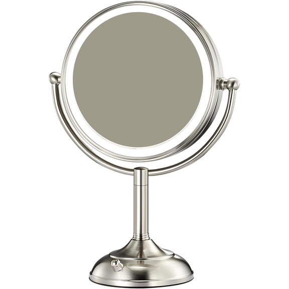 8.5-inch large illuminated makeup mirror with 1x/10x true HD magnification, dimmable light, and 360 rotating seamless dressing mirror.