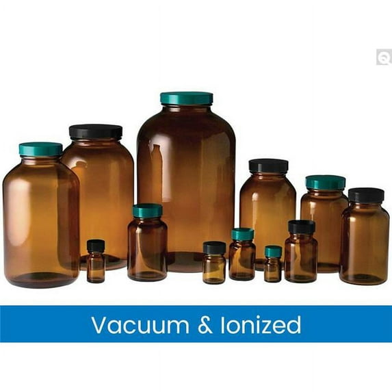 8.5 oz Amber Wide Mouth Packer Bottles with 45-400 Black Phenolic Pulp & Vinyl Lined Cap, Vacuum & Ionized - Pack of 84