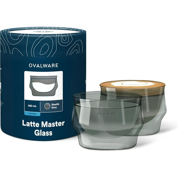 8.5 oz Double Wall Latte Cups Set of 2 Palm-Sized Glasses for Hot and Cold Drinks with Wide Rim Stealth Gray