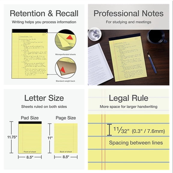 8.5 x 11.75 Inch Legal Pads, 3 Pack, Wide Ruled on Both Sides, Canary Yellow Paper, 50 Perforated Sheets Per Writing Pad, Proudly