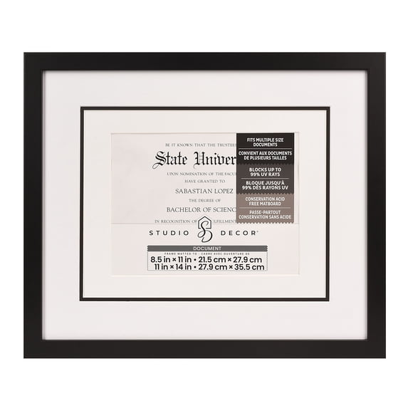 Studio Decor 8.5" x 11" Black Document Picture Frame with Triple Mat - Blocks up to 99% UV Rays, Display Diplomas, Certificates, & Documents - 1 Pack