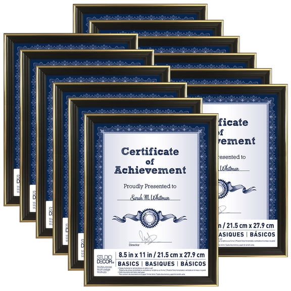 Studio Decor 8.5" x 11" Black & Gold Multipurpose Frames by Basics, - Plastic & Glass Document Frames with Easel Back, Horizontal or Vertical Display, 12 Pack