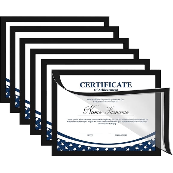 8.5 x 11 Certificate Frames Set Of 6, Self Adhesive Picture 11, Magnetic Diploma Frame for Wall Display, Document For Home Office, Horizontal or Vertical, Black