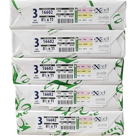 8.5 x 11 Excel One Carbonless Paper, 3 Part Reverse Bright White/Canary/Pink, 835 Sets, 2505 Sheets, 5 REAMS