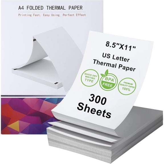 8.5 x 11 Inch A4 Thermal Printer Paper, BPA/BPS-Free, Folded Continuous Paper, Compatible with M08F, MT800, PocketJet PJ762/PJ763MFi (300 Sheets)