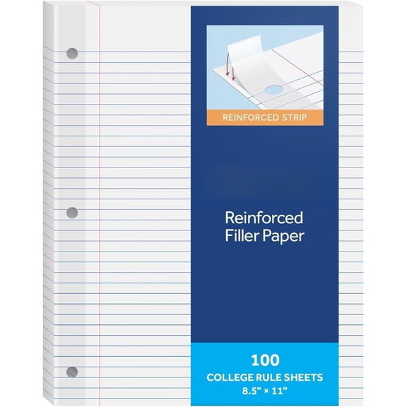 8.5 x 11 Inch College Ruled Reinforced Loose Leaf Filler Paper, 3-Hole Punched White Lined Notebook Paper for Standard Ring Binders, 100 Count Pack