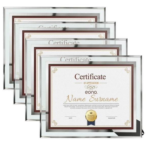 8.5 x 11 Picture Frame Set of 4, Silver Glass Photo Frames 8.5x11 for Certificate Document Diploma Award, Only for Desktop or Tabletop Display