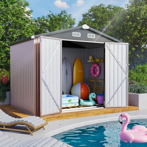 8.5' x 5.6' Outdoor Metal Storage Shed with Base Frame, Steel Garden Shed for Backyard, Patio, Lawn(Floor included)