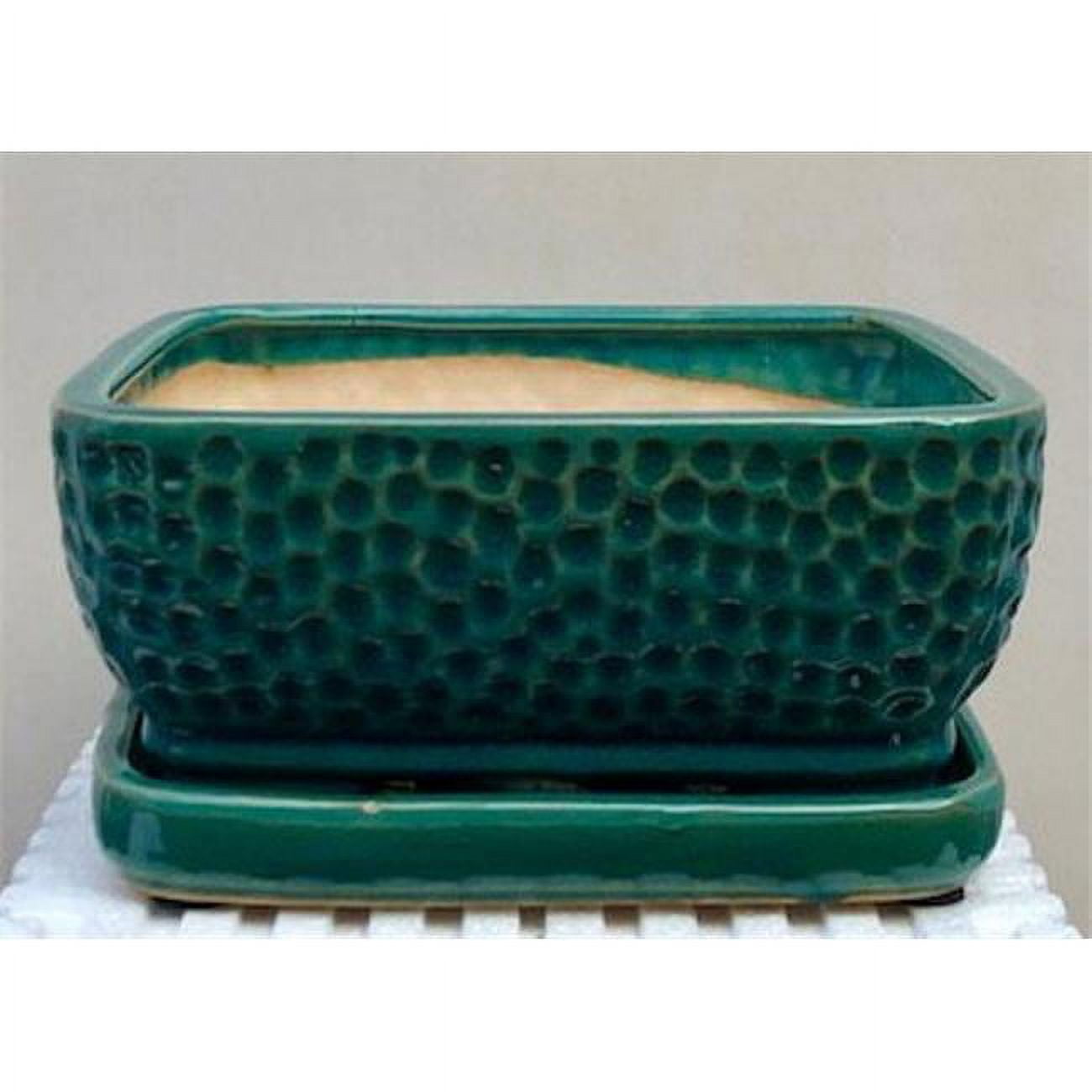8.5 x 8.5 x 4 in. Crackle Blue Ceramic Bonsai Pot with Humidity & Drip Tray, Square